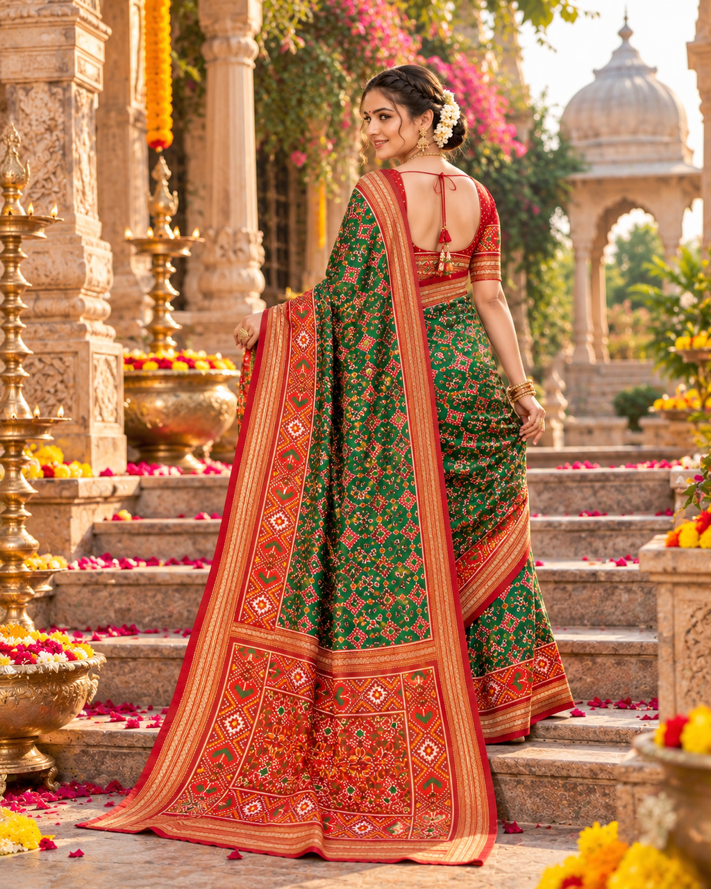 Premium Ashika Handloom Silk Patola Lagadi Patta Zari border Tassels Saree (Green)
