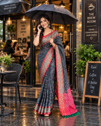 Premium Soft Silk Rangeen Patola Meenakari Saree With Unstitched Blouse (Black)