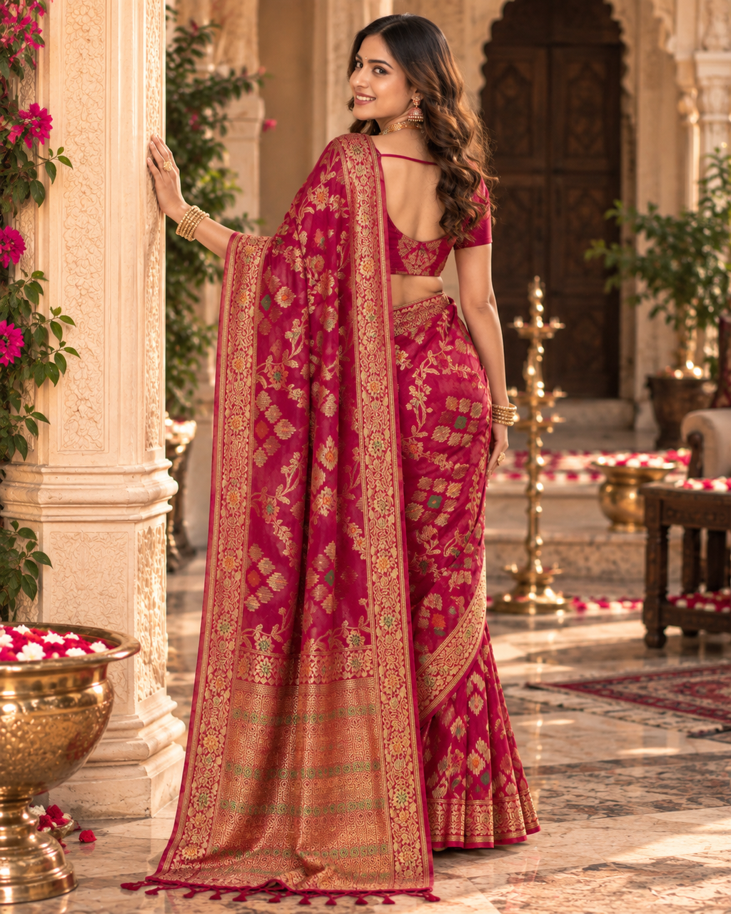 Organza Silk Saree With Unstitched Blouse(Red)