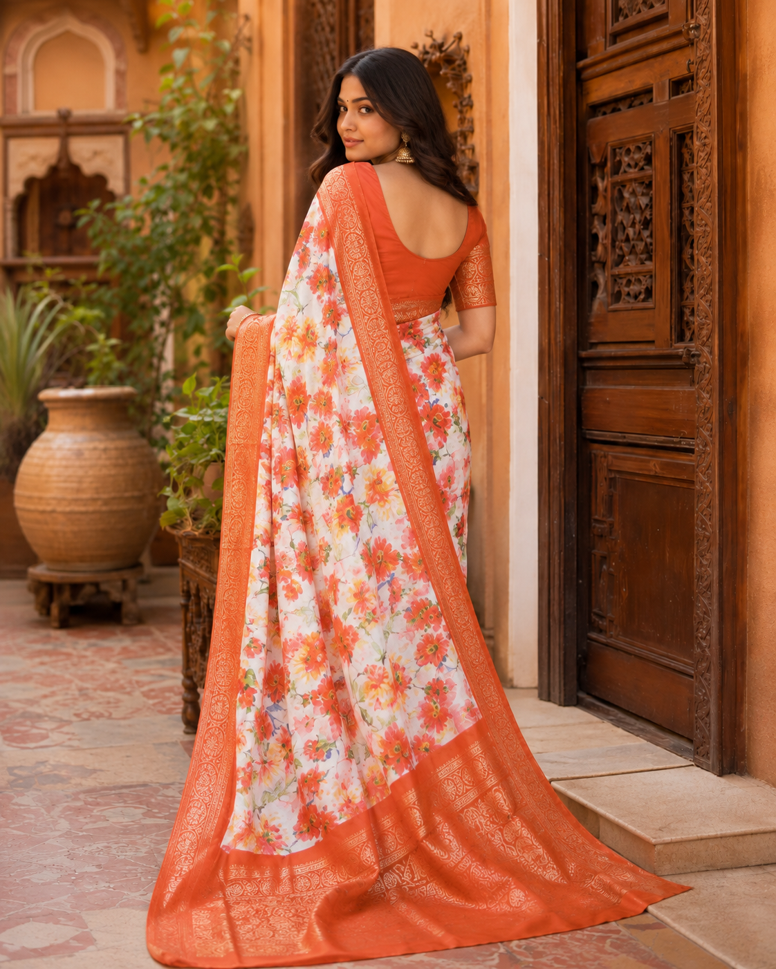 Tussar Silk Printed Saree With Unstitched Blouse(White)