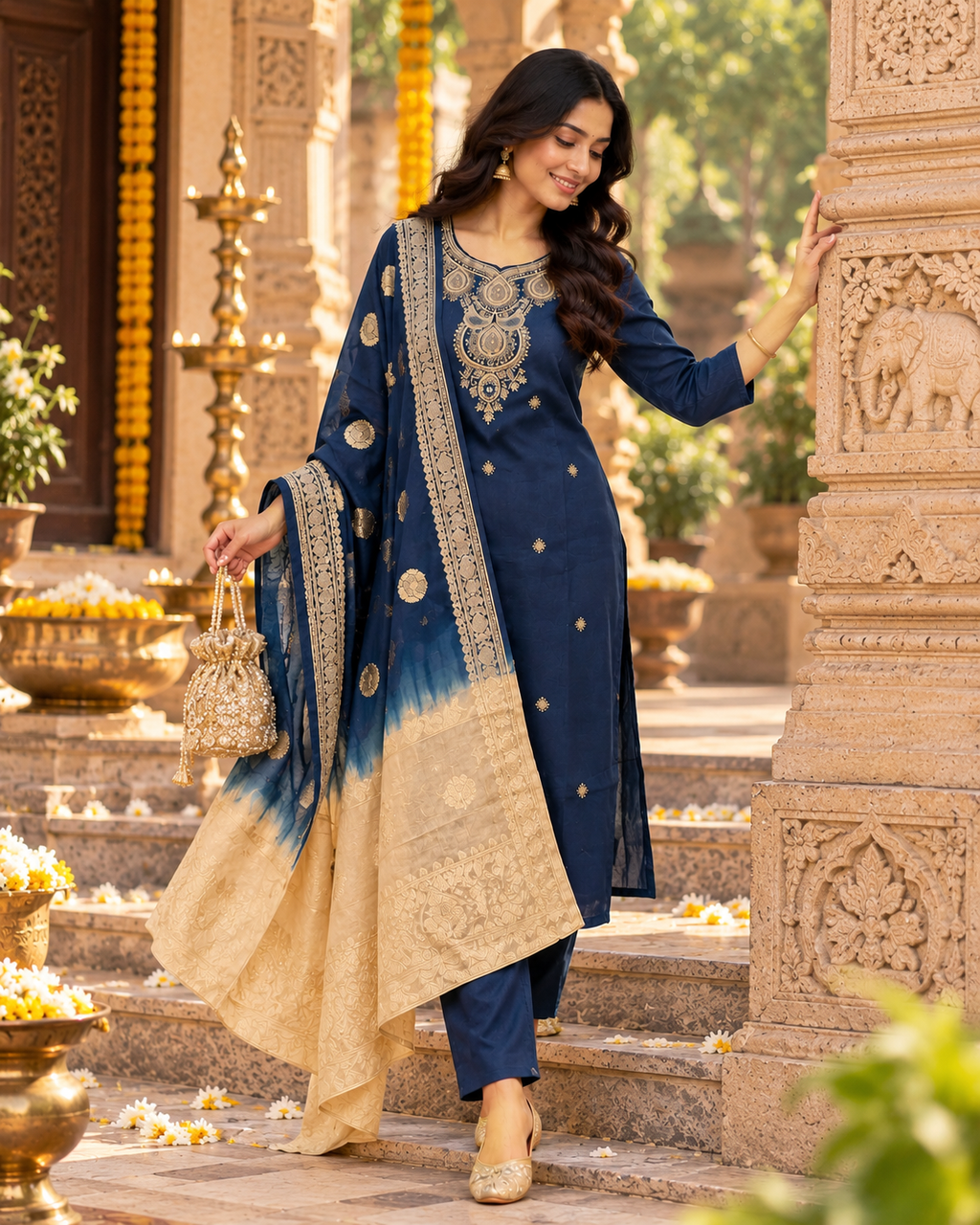 Roman Silk Kurti Pant With Dupatta Set(Navy Blue)