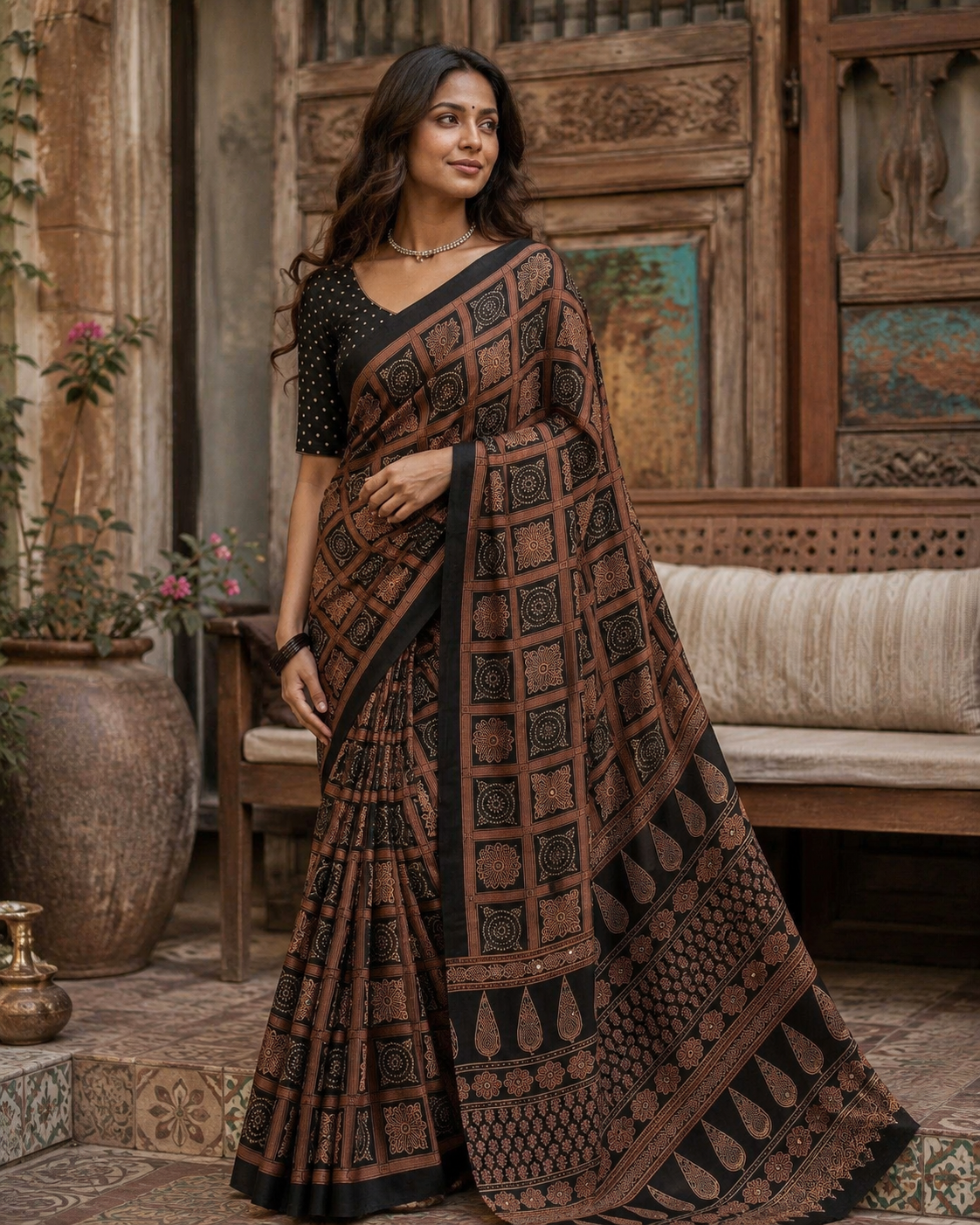 Satin Silk Ajrakh Printed Saree With Unstitched Blouse(Navy Blue)