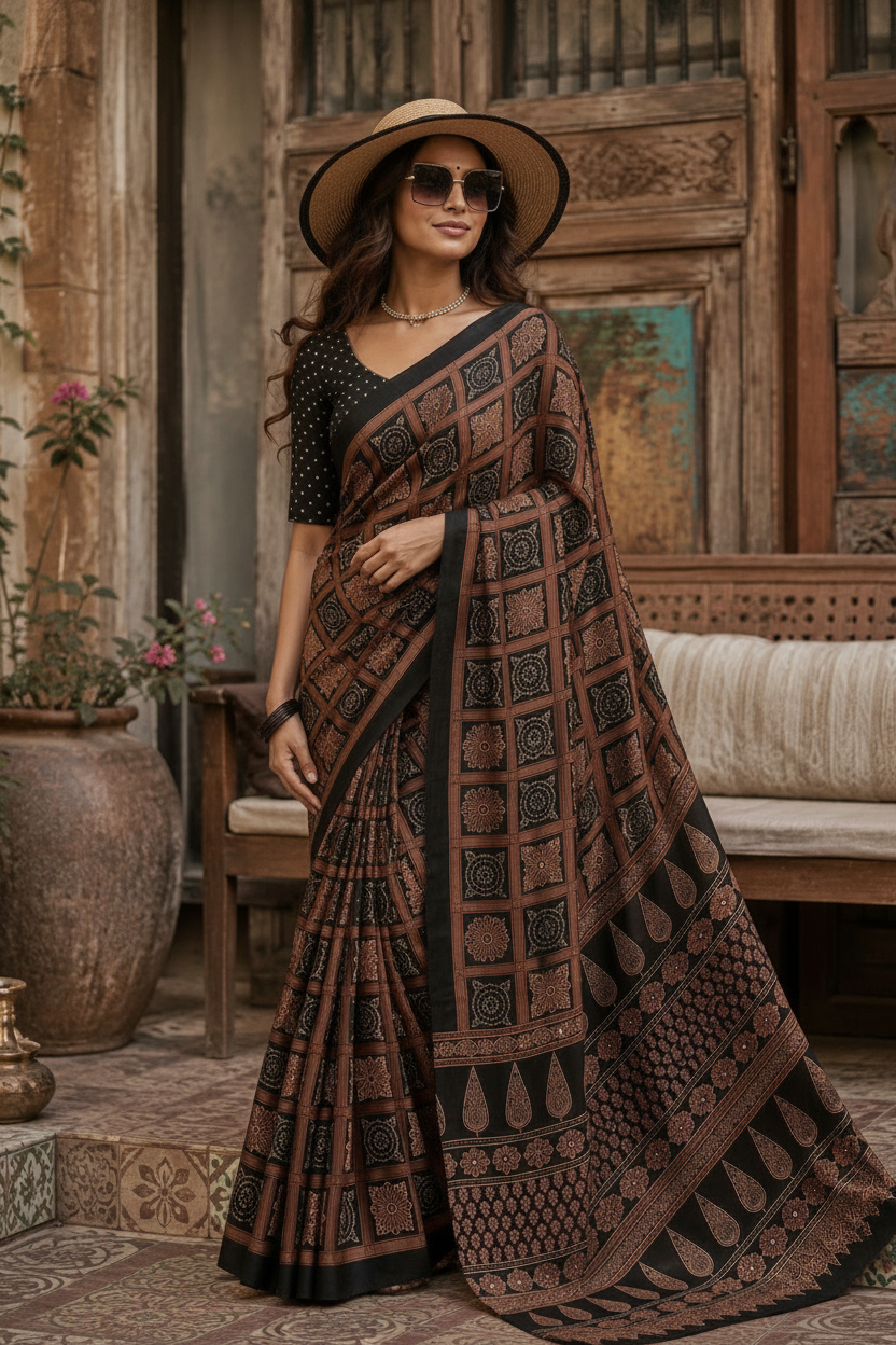 Satin Silk Ajrakh Printed Saree With Unstitched Blouse(Navy Blue)