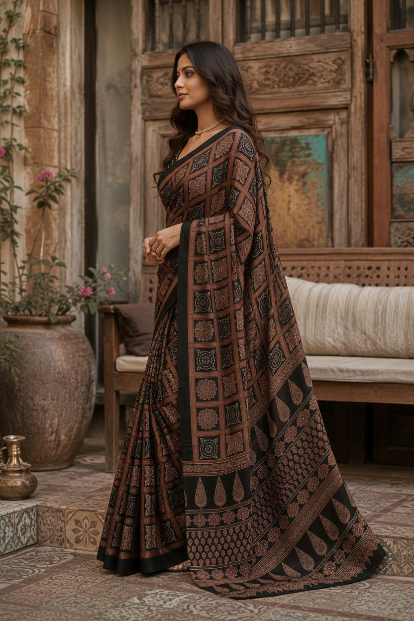Satin Silk Ajrakh Printed Saree With Unstitched Blouse(Navy Blue)