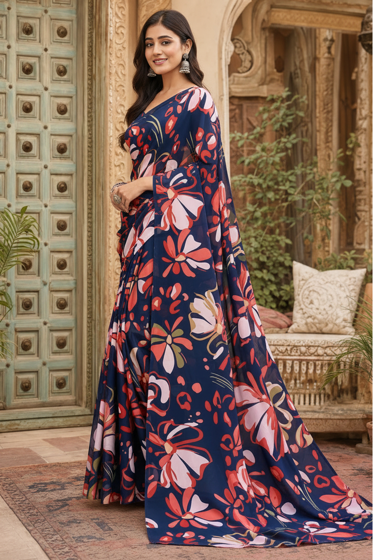 Satin Silk Floral Printed Saree With Unstitched Blouse(Blue)
