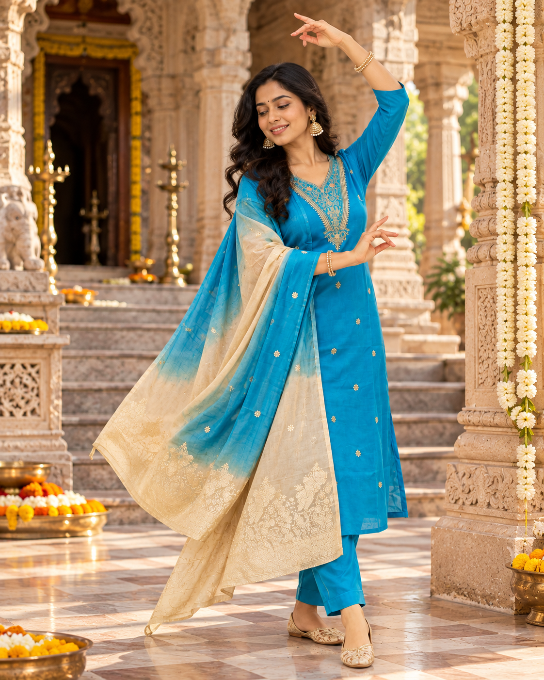 Roman Silk Kurti Pant With Dupatta Set(Blue)