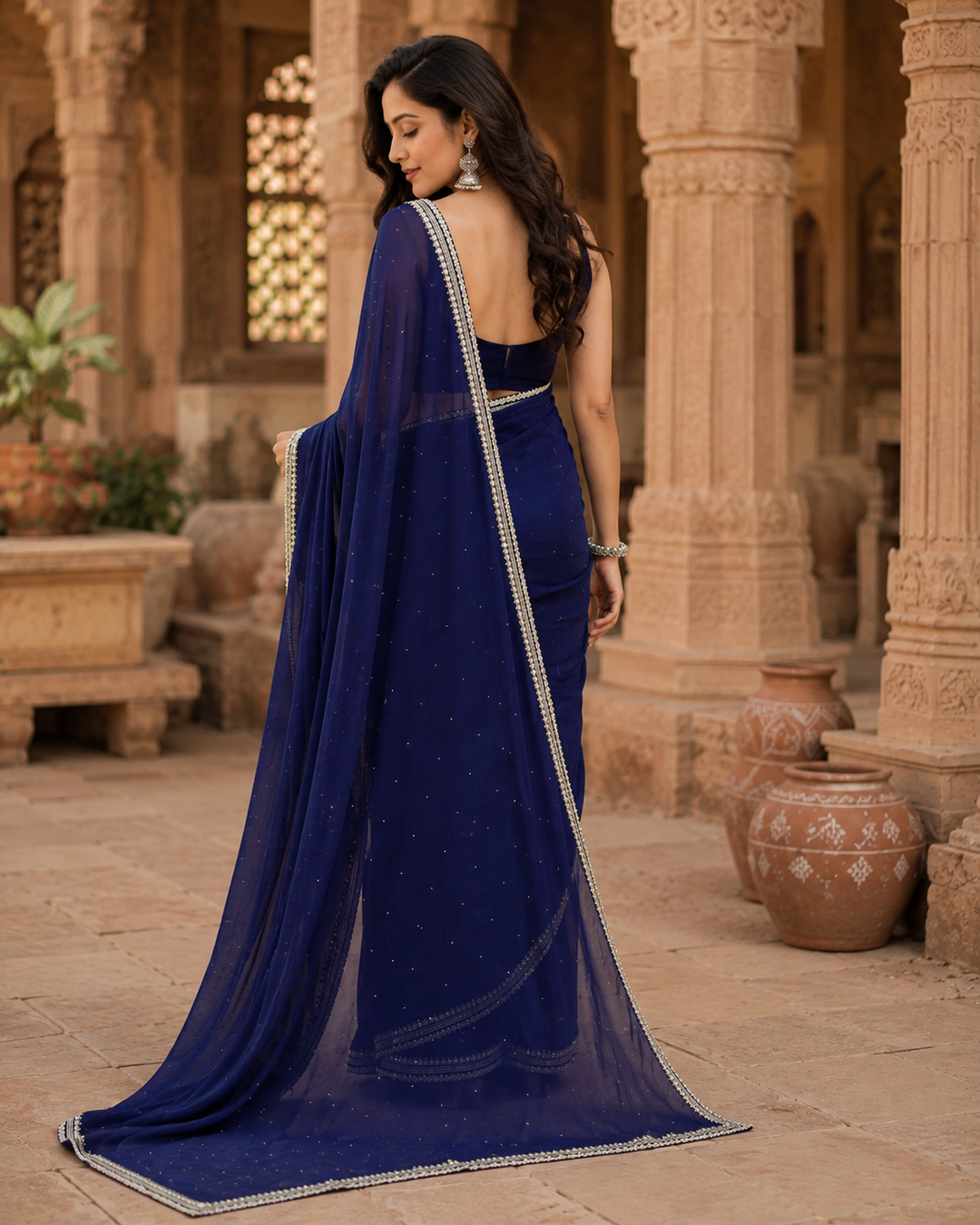 Organza Silk Sequins Work Saree With Unstitched Blouse(Blue)