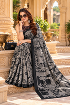 Premium Tussar Silk kalamkari Print Saree With Unstitched Blouse(Black)