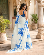 Premium Satin Silk Printed Saree With Unstitched Blouse(Blue)