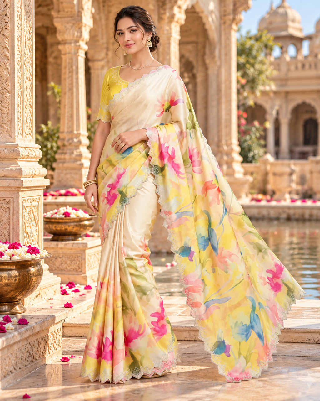 Pure Maheshwari Silk Saree With Unstitched Blouse(Yellow)