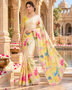 Pure Maheshwari Silk Saree With Unstitched Blouse(Yellow)