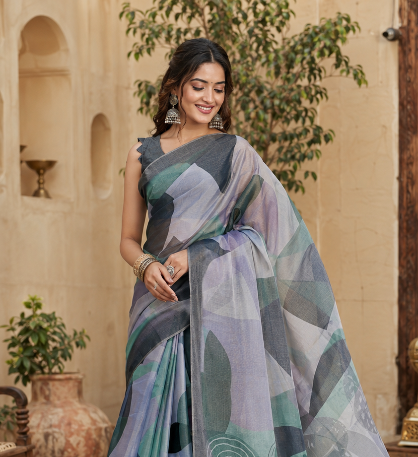 Cotton Printed Saree With Unstitched Blouse(Multicolor)