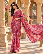 Satin Silk Printed Saree With Unstitched Blouse(Red)