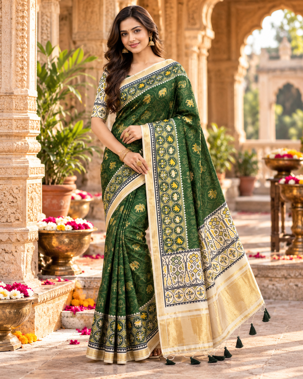 Handloom Silk Zari Border Work Saree With Unstitched Blouse(Green)