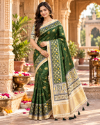 Handloom Silk Zari Border Work Saree With Unstitched Blouse(Green)
