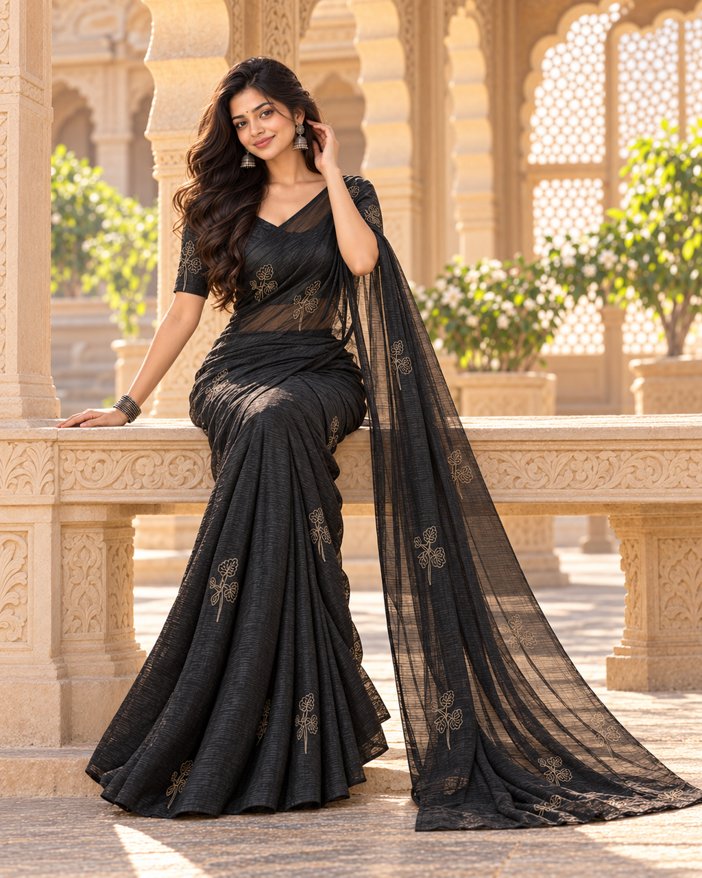 Soft Space Silk Thread Work Saree With Unstitched Blouse(Black)