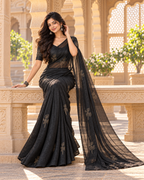 Soft Space Silk Thread Work Saree With Unstitched Blouse(Black)