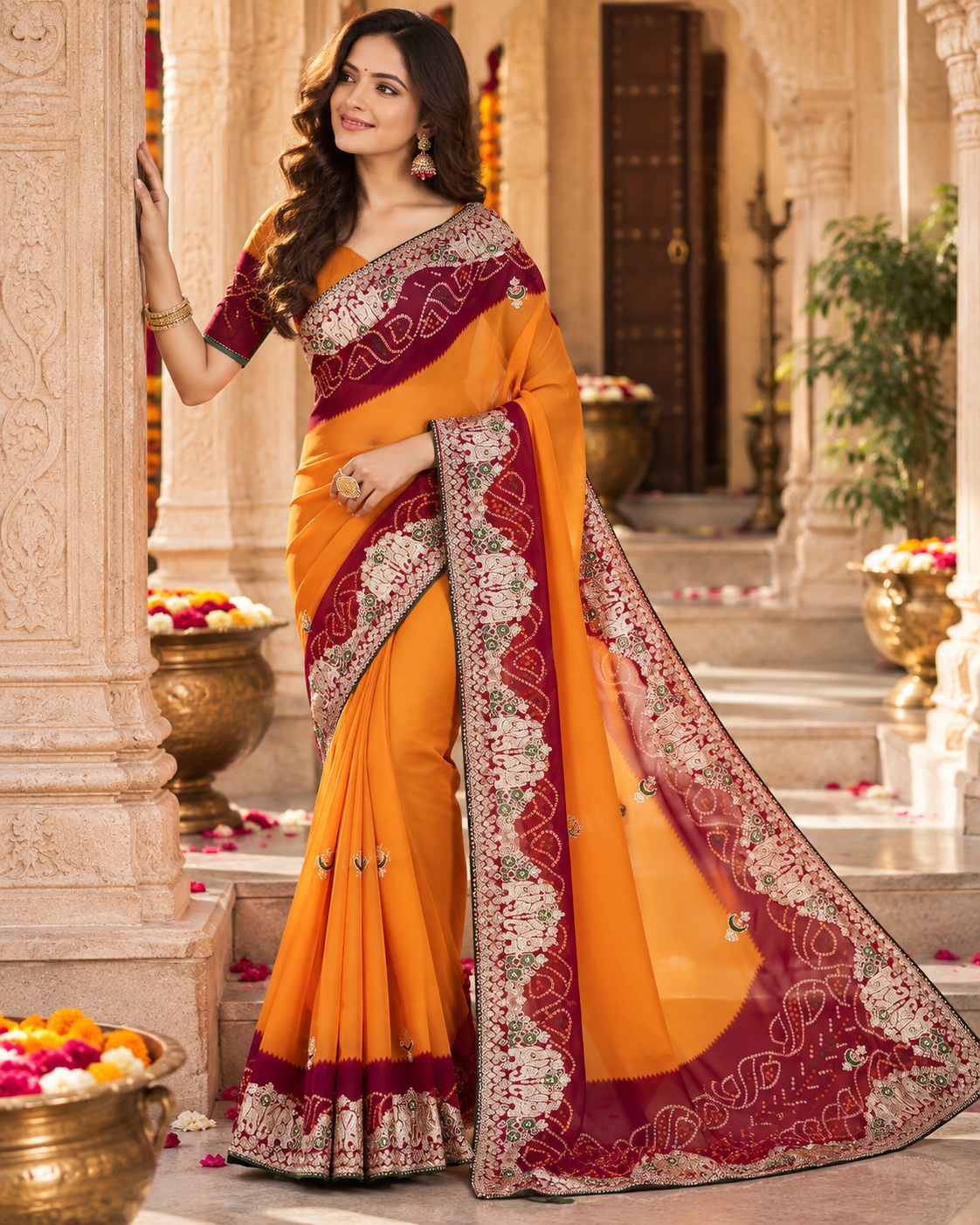 Pure Bandhani Bhej Print Gotta Patti Work Silk Saree With Unstitched Blouse(Mustard)