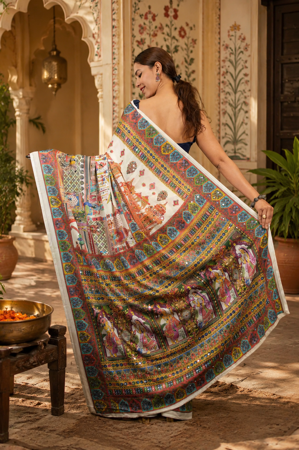 Georgette Digital Print Mirror Work Saree With Unstitched Blouse(White)
