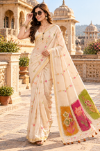 Soft Muga Cotton Printed Saree With Unstitched Blouse(Off White)