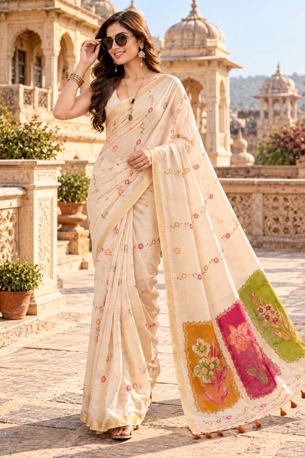 Soft Muga Cotton Printed Saree With Unstitched Blouse(Off White)