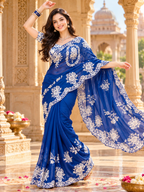 Organza Silk Thread Embroidery Work Saree With Unstitched Blouse (Blue)