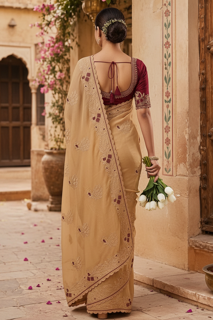 Premium Georgette Multi Embroidery Work Saree With Unstitched Blouse(Golden)