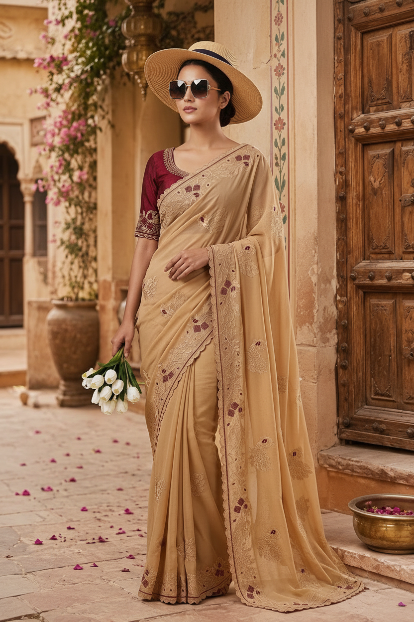 Premium Georgette Multi Embroidery Work Saree With Unstitched Blouse(Golden)