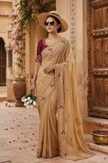 Premium Georgette Multi Embroidery Work Saree With Unstitched Blouse(Golden)
