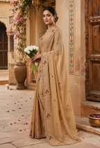Premium Georgette Multi Embroidery Work Saree With Unstitched Blouse(Golden)