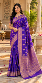 Pure Silk Traditional Zari Weaving Saree With Unstitched Blouse(Violet)