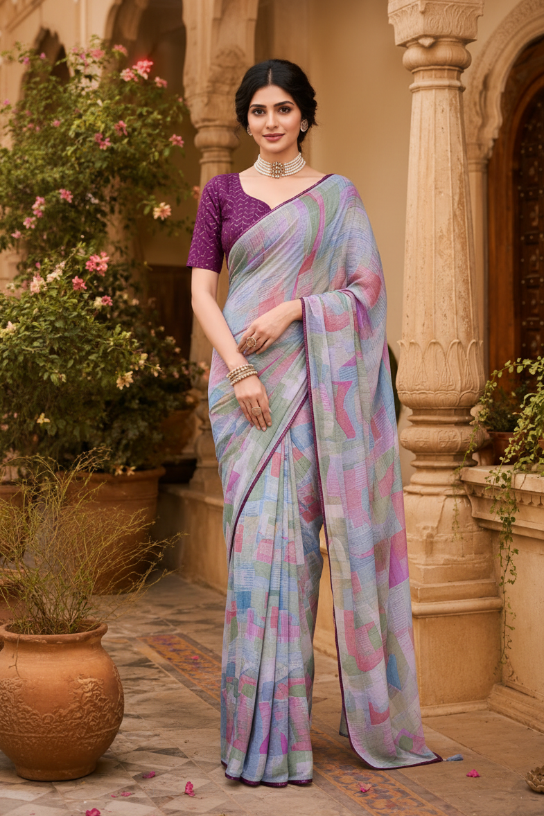 Satin silk designer saree with unstitched blouse(purple)