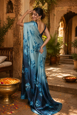 Load image into Gallery viewer, Satin Silk Printed Saree with Unstitched Blouse(Blue)
