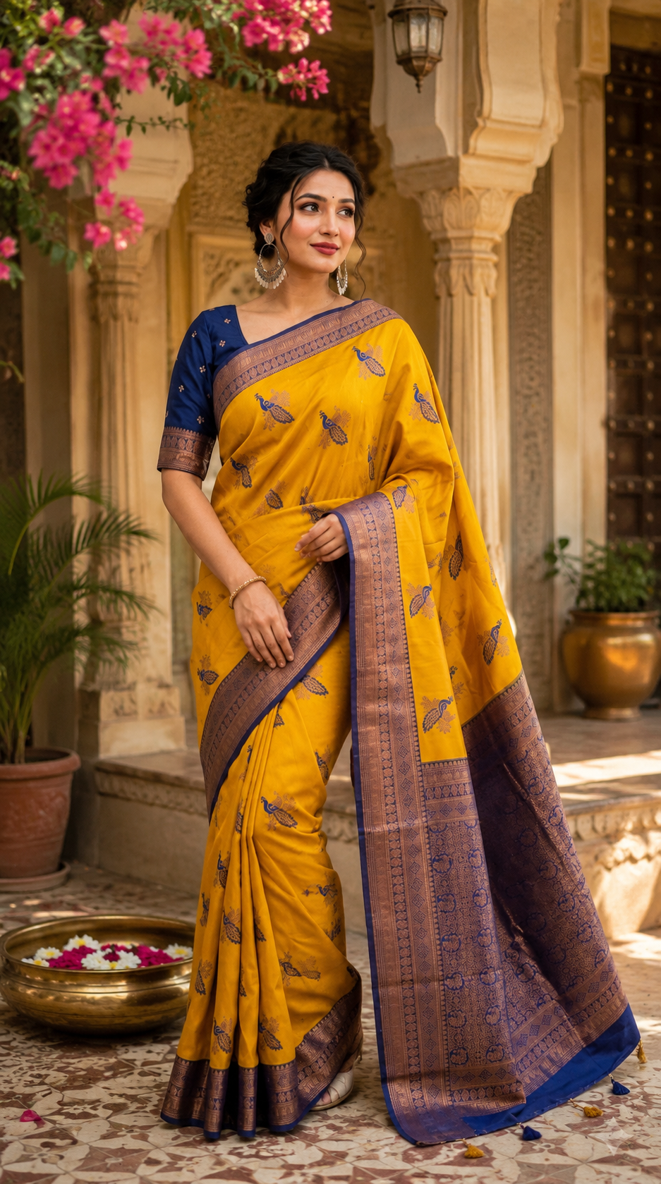 Pure Banarasi Silk Saree With Unstitched Blouse(Mustard)