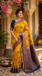 Pure Banarasi Silk Saree With Unstitched Blouse(Mustard)