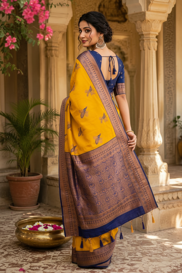 Pure Banarasi Silk Saree With Unstitched Blouse(Mustard)