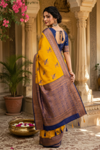 Pure Banarasi Silk Saree With Unstitched Blouse(Mustard)