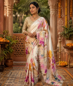 Load image into Gallery viewer, Pure Maheshwari Silk Diamond Cut Work Saree With Unstitched Blouse(White)
