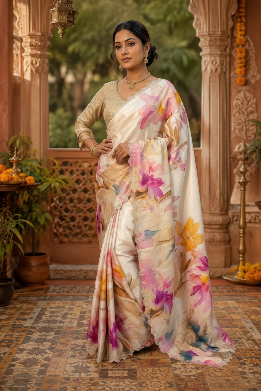 Pure Maheshwari Silk Diamond Cut Work Saree With Unstitched Blouse(White)