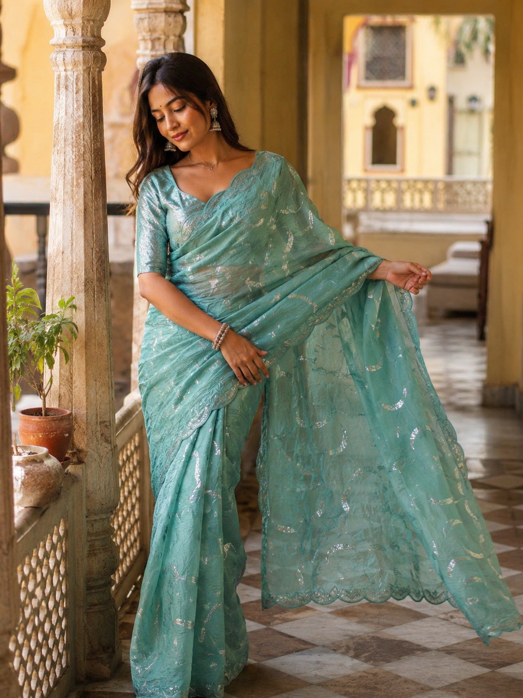 Premium Soft Crush Silk Sequin Work Saree With Unstitched Blouse(Teal)