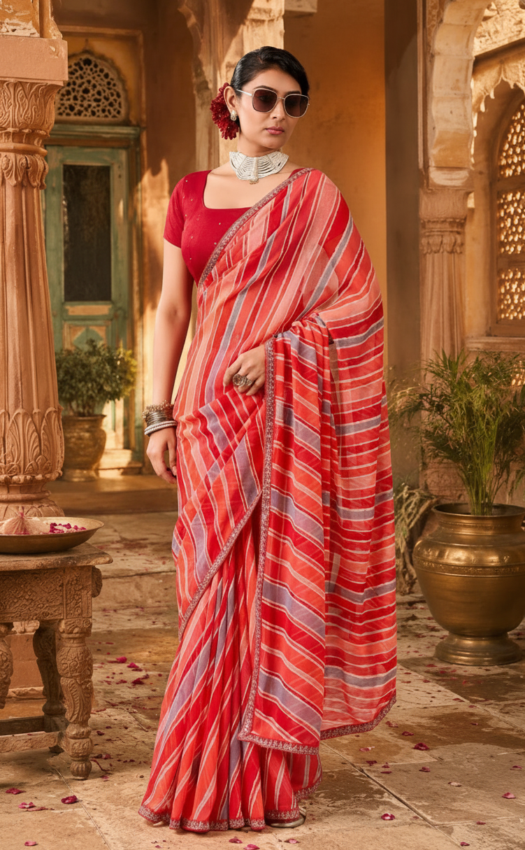Premium Georgette Bandhani Work Saree With Unstitched Blouse(Red)