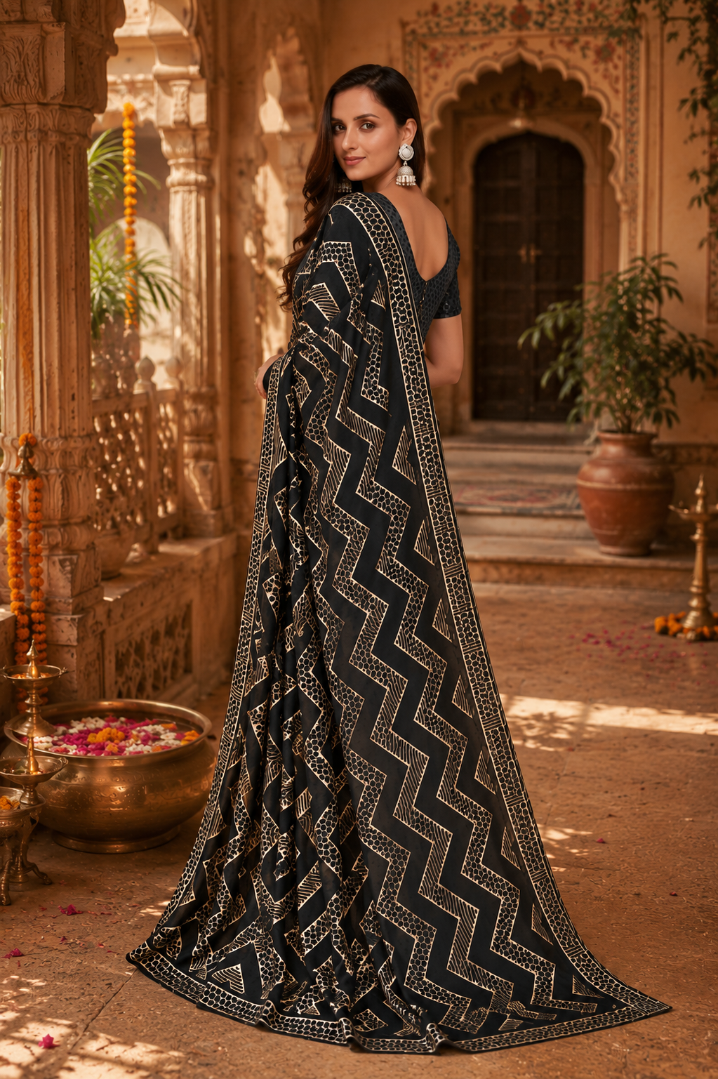 Premium Georgette Sequence Work Saree Within Unstitched Blouse(Black)