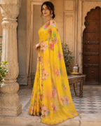 Georgette Floral Print Saree With Unstitched blouse(Yellow)