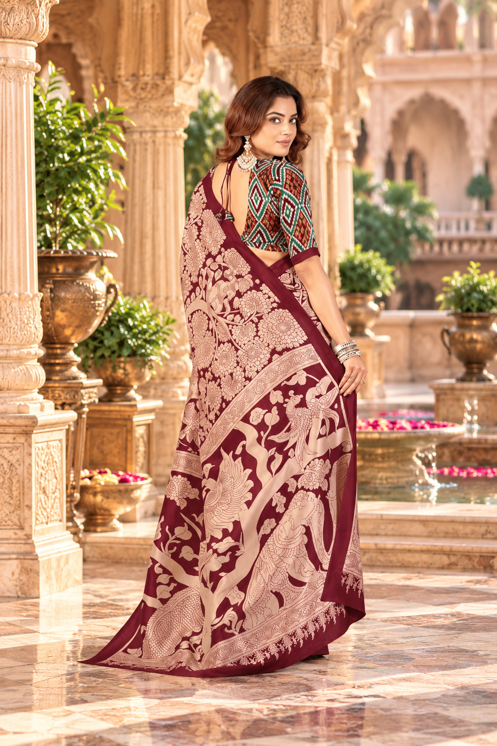 Premium Tussar Silk kalamkari Print Saree With Unstitched Blouse(Red)