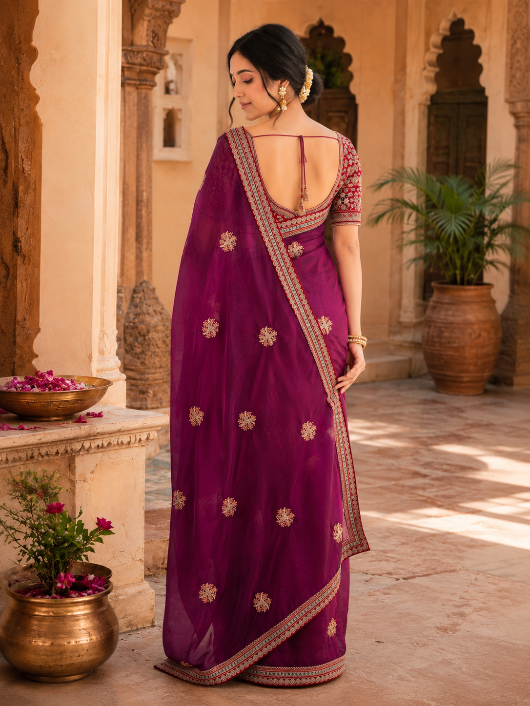 Satin Embroidery Work Saree With Unstitched Blouse(Wine)