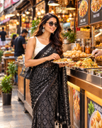 Premium Gajji Silk Mirror Work Border Saree With Unstitched Blouse(Black)