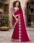 Satin Silk Embroidery Work Saree with Unstitched Blouse(Red)
