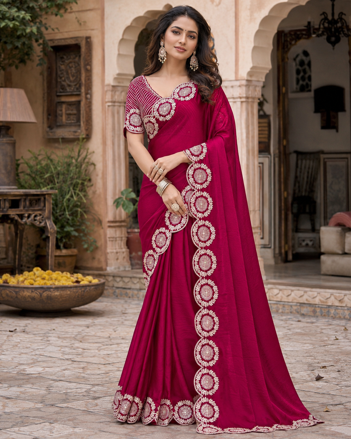 Satin Silk Embroidery Work Saree with Unstitched Blouse(Red)
