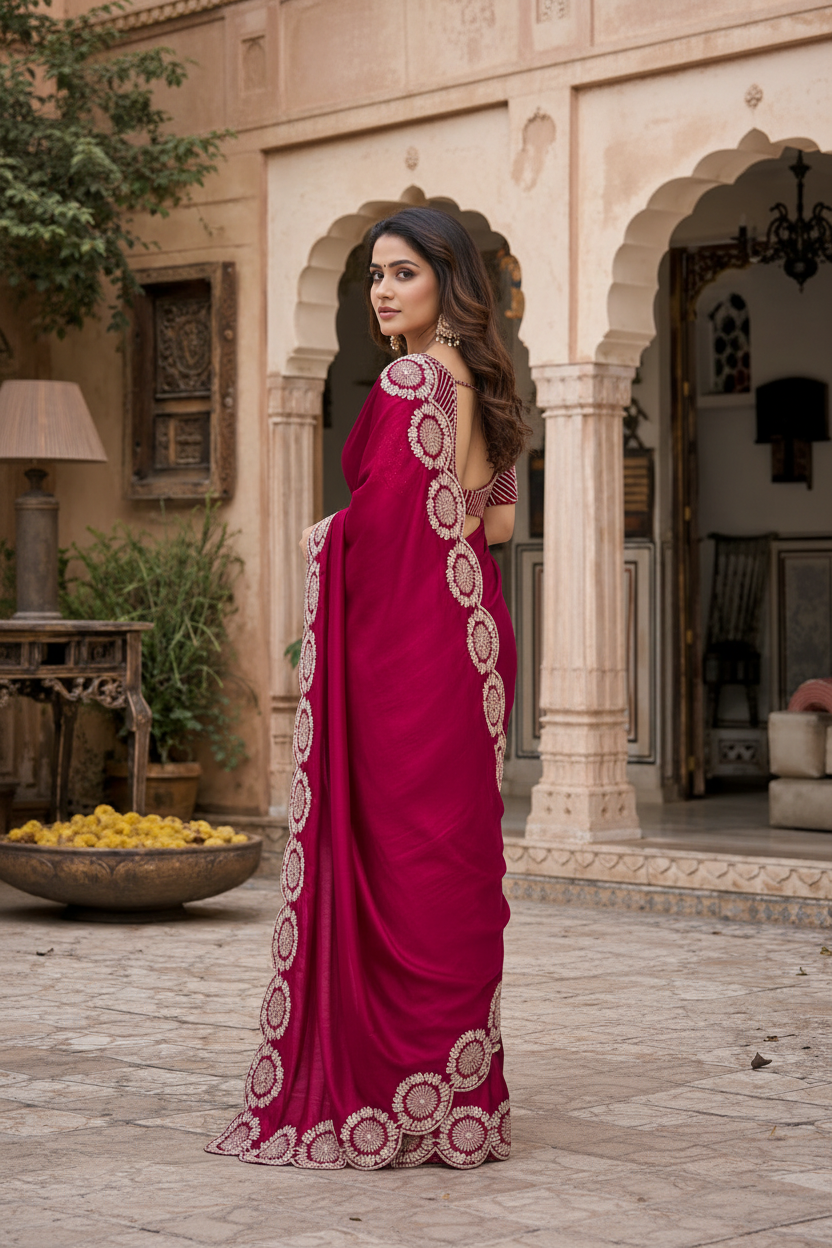 Satin Silk Embroidery Work Saree with Unstitched Blouse(Red)