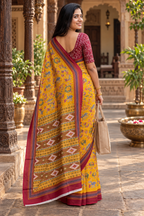Mulmul Cotton Printed Saree With Unstitched Blouse(Yellow)